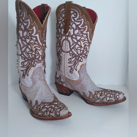 Ferrini Womens Ivy Snip Toe Mid Calf Brown/ Off White Western Boots- Size 9 - Picture 4 of 11